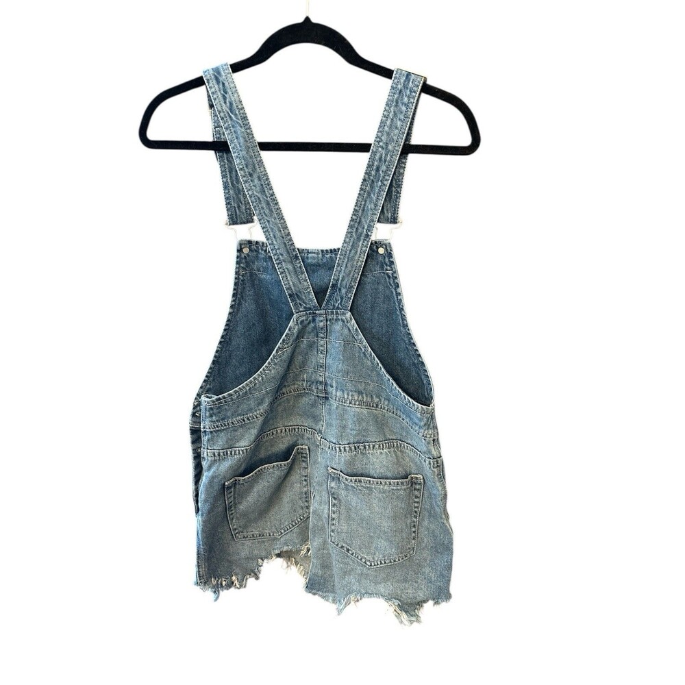 FREE PEOPLE Size 2 Blue Denim Overall Dress Frayed Mini Dress Y2k festival boho - Picture 3 of 11